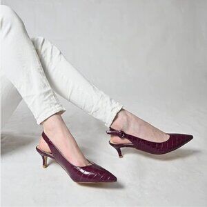 YDN Purple Crocodile Printing Low Heels Office Pumps Pointed Toe Slingback Shoes